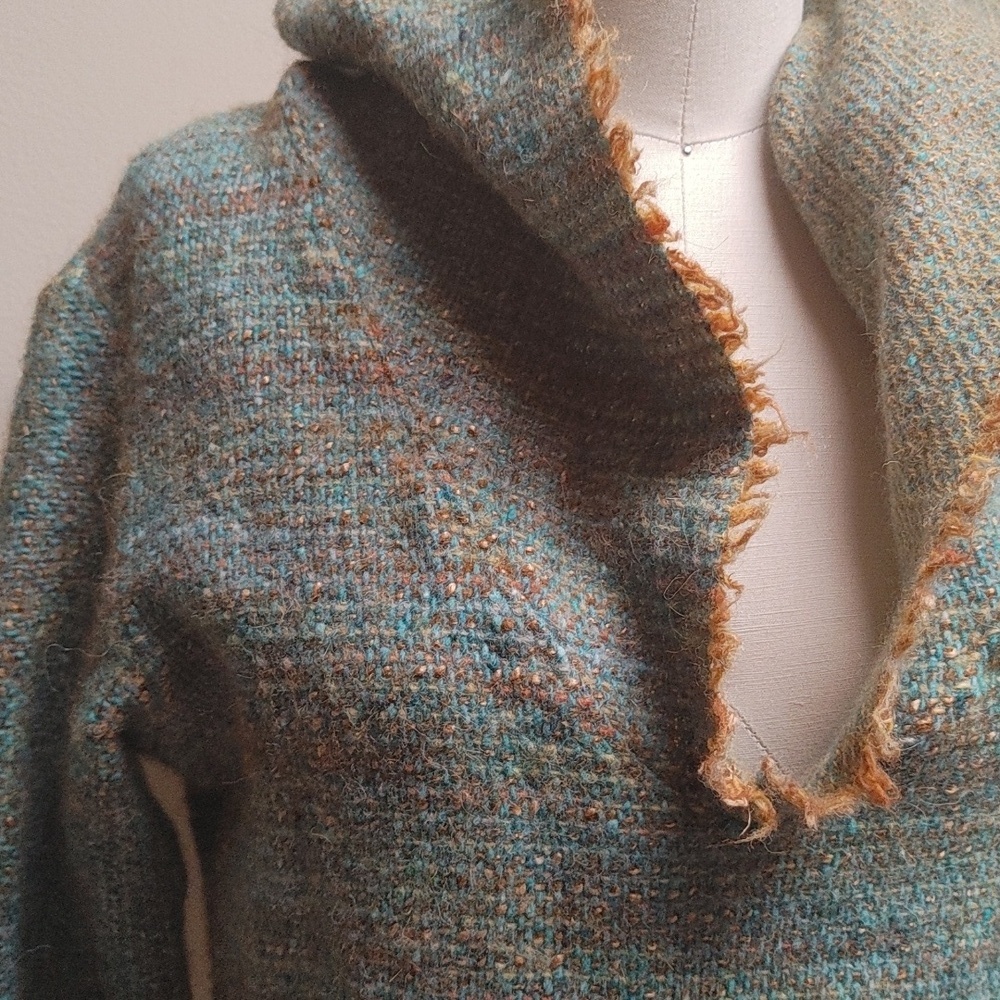 OOAK Handwoven Wool Hoodie Turquoise & Gold - Picture 11 of 17